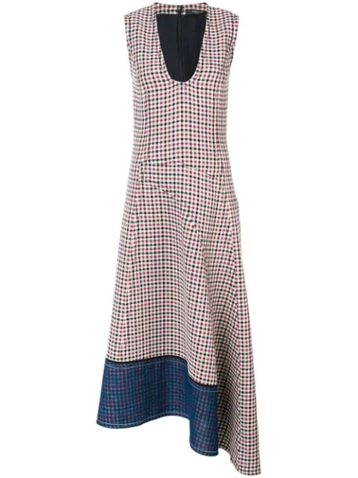 Derek Lam Low Neck Gauze Check Dress With Asymmetric Hem In Red