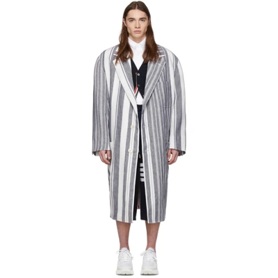 Thom Browne Navy & White Stripe Patch Pocket Oversized Coat In Grey