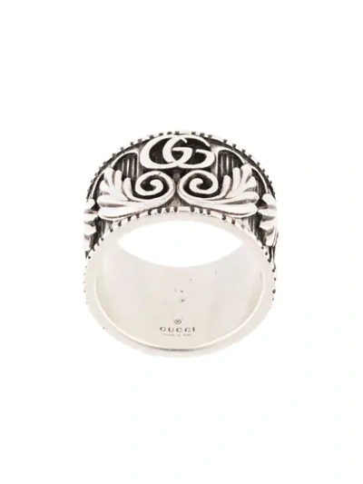 Gucci Ring With Double G And Leaf Motif In Silver
