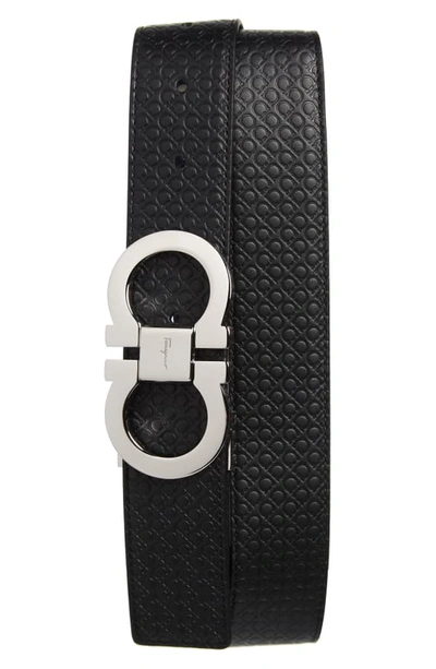 Ferragamo Men's Double Gancini Reversible Leather Belt In Black/ Navy