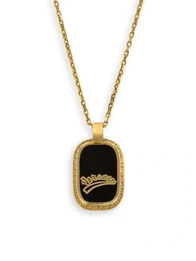 Versace Logo Pendant Necklace In Black Gold