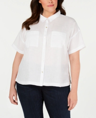 Eileen Fisher Plus Size Button-down Short-sleeve Organic Linen Shirt In White