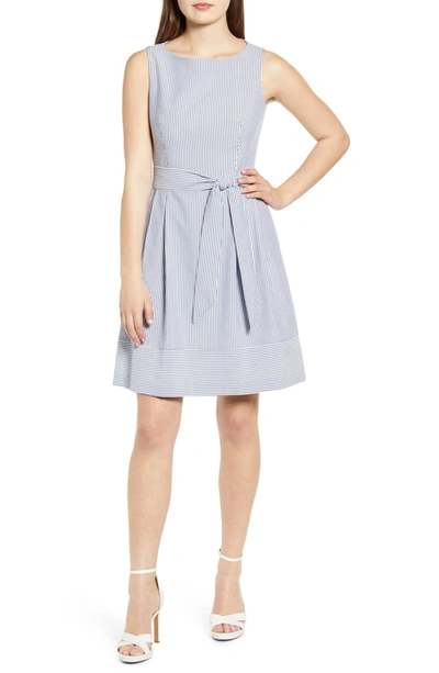 Anne Klein Seersucker Sleeveless Fit & Flare Dress In Moon Grey/ White