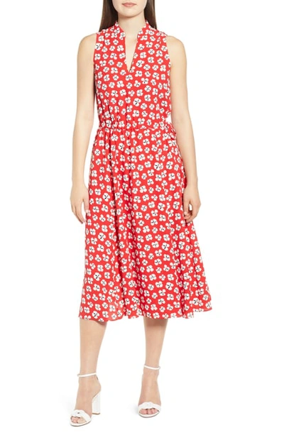 Anne Klein Zuma Petal Split Neck Midi Dress In Poppy/ Anne White Combo