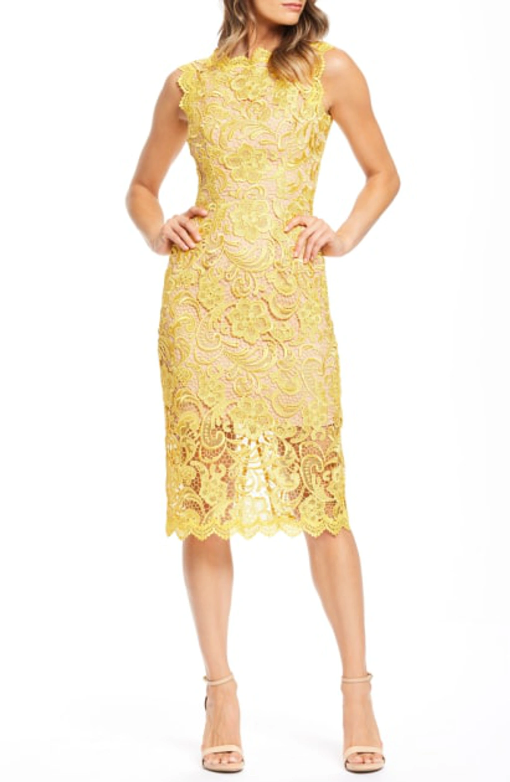 Dress The Population Claudette Crochet Lace Sheath Dress In Canary Nude ModeSens