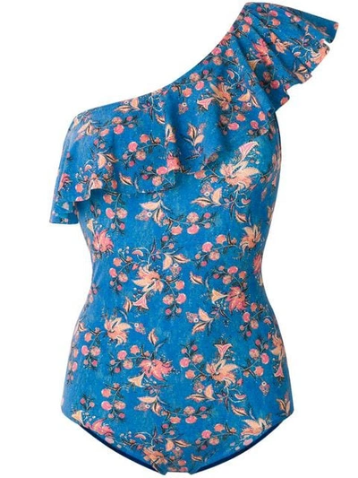 Isabel Marant Floral One Shoulder Swimsuit In Blue