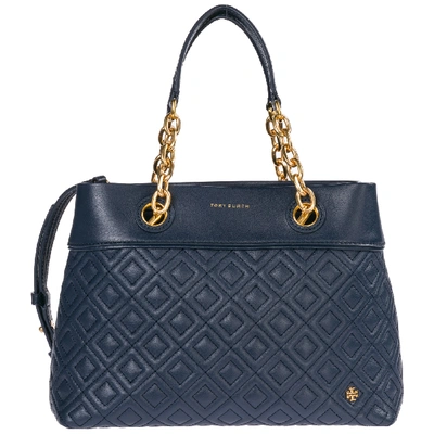 Tory Burch Women's Leather Handbag Shopping Bag Purse Fleming In Blue