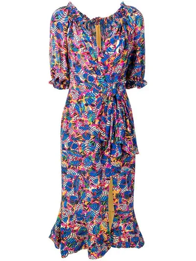 Saloni Banana Leaf Print Dress In Blue