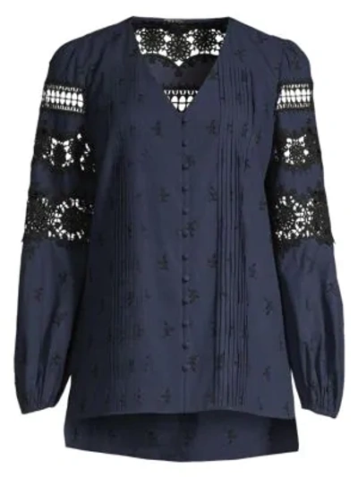 Elie Tahari Leigha V-neck Long-sleeve High-low Blouse With Lace & Embroidery In Stargazer
