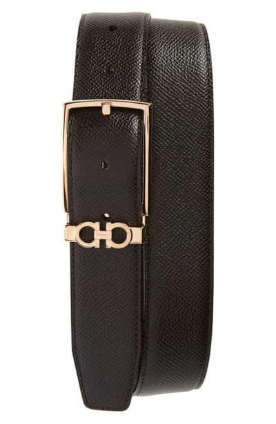 Ferragamo Men's Textured Calf Leather Belt In Brown/ Black