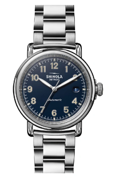 Shinola The Runwell Link Bracelet Automatic Watch, 39.5mm In Silver/ Midnight Blue/ Silver