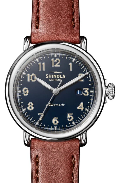 Shinola Men's Runwell Automatic Stainless Steel & Leather Strap Watch In Navy/brown