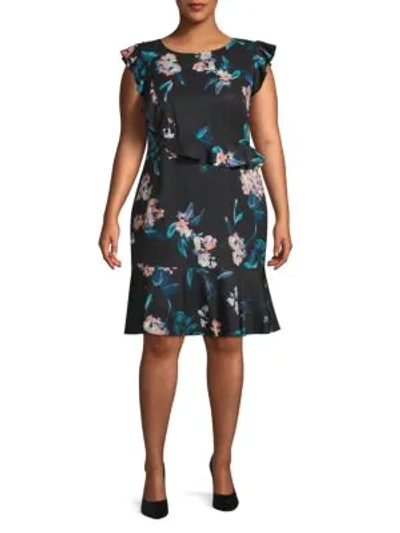 Adrianna Papell Plus Royal Vines Printed Sheath Dress In Black Multi