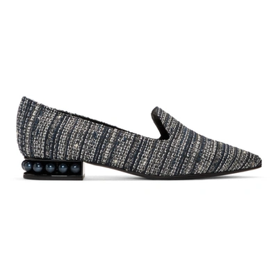 Nicholas Kirkwood Casati Faux Pearl-embellished Tweed Loafers In Dark Blue