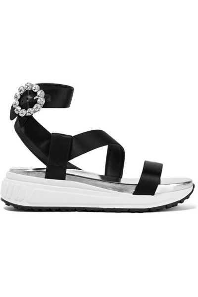 Miu Miu Crystal-embellished Satin Sandals In Black