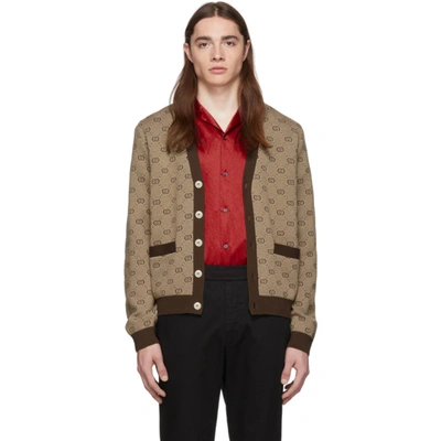 Gucci Gg Wool Blend Jacquard Cardigan In 2094 Camel