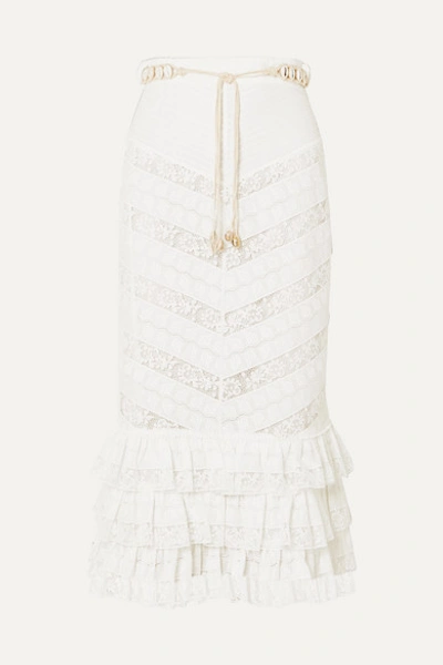 Zimmermann Veneto Perennial Ruffled Broderie Anglaise Gauze And Lace Skirt In Ivory