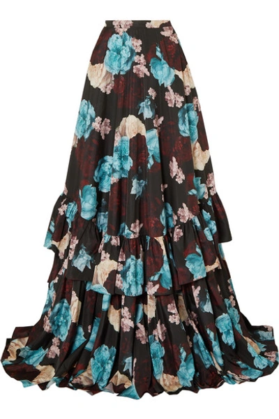 Erdem Darcie Tiered Floral-print Taffeta Maxi Skirt In Blue