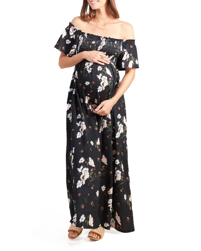 Ingrid & Isabel Maternity Floral-print Off-the-shoulder Smocked Maxi Dress In Black Floral