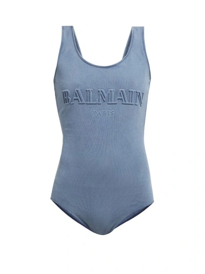 Balmain Sleeveless Embossed Logo Bodysuit In Blue