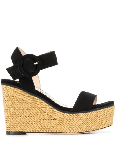 Jimmy Choo Abigail 100 Black Suede Chunky Wedge Sandals With Gold Rope In Black/gold