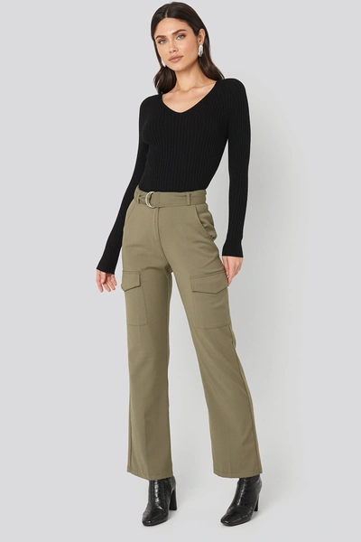 Na-kd Patch Pocket Belted Pants - Green In Khaki Green