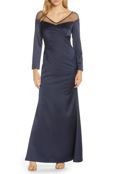 Adrianna Papell Long Sleeve Illusion Off The Shoulder Satin Gown In Midnight