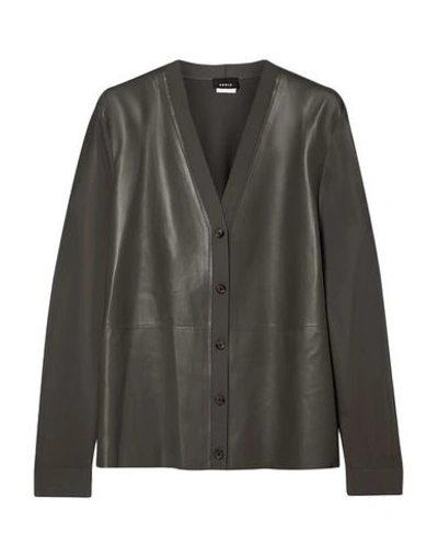 Akris Leather & Knit V-neck Cardigan In Grey