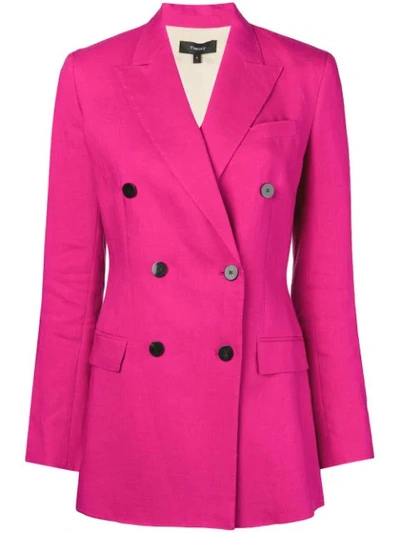 Theory Double-breasted Tailored Blazer In Fuxia
