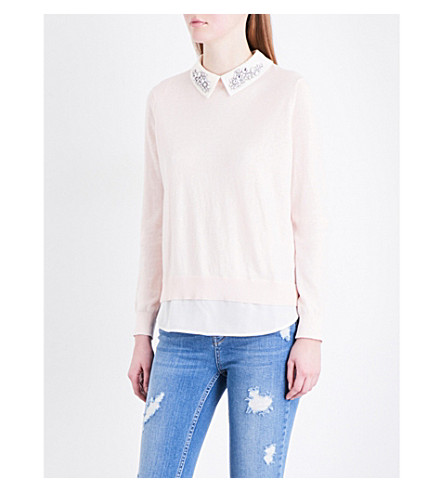 pink sweater with embellished collar
