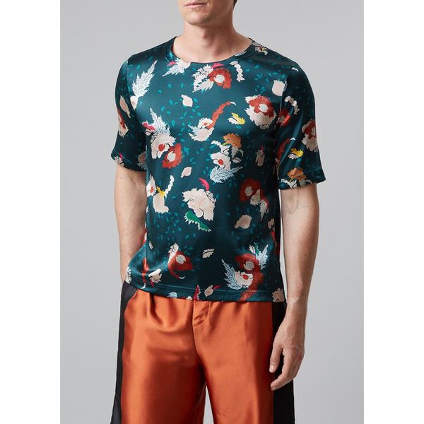 Meng Men S Teal Print Stretchy Silk Satin T-shirt | ModeSens