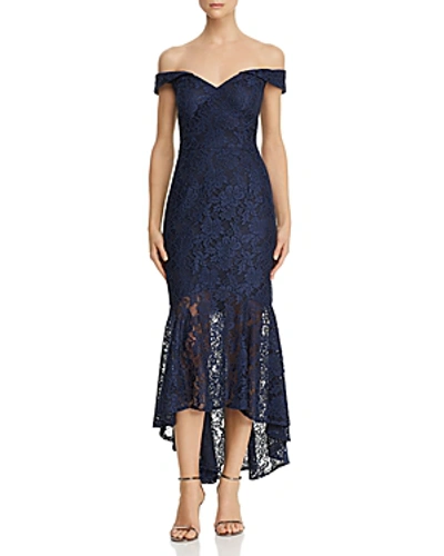 Avery G Off-the-shoulder Lace Dress In Navy