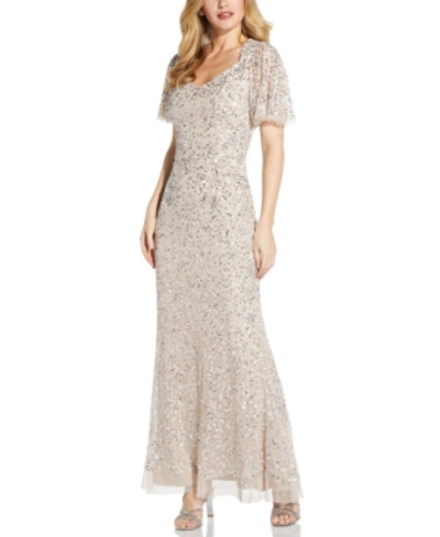 Adrianna Papell Beaded Godet Gown In Biscotti
