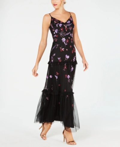 Adrianna Papell Embellished Tiered-ruffle Gown In Black