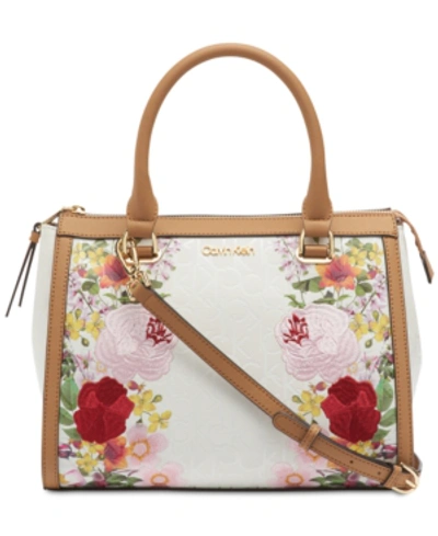 Calvin Klein Mercy Signature Floral Satchel In Embossed White Floral/gold