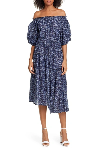 Apiece Apart Sandrine Cotton & Silk Off The Shoulder Dress In Navy Floral