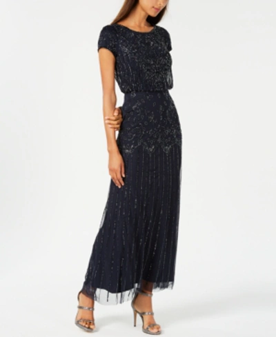 Adrianna Papell Women's Beaded Short-sleeve Sheer-overlay Gown In Navy