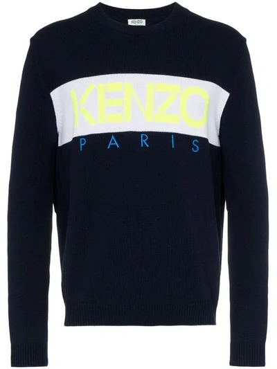 Kenzo Logo Intarsia Cotton Sweater In Blue