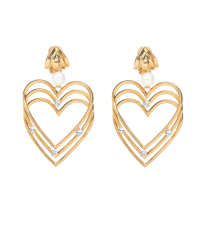 Balenciaga Crystal And Pearl Heart Clip Earrings In Gold