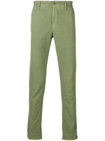 Incotex Flat Front Solid Stretch Cotton Chino Trousers In Green