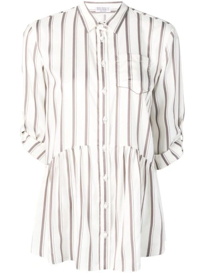 Brunello Cucinelli Striped Silk Babydoll Blouse In Neutrals