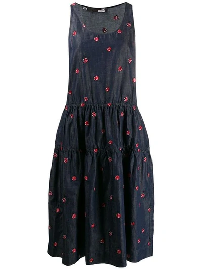 Love Moschino Ladybird Embroidered Denim Midi Dress In Blue