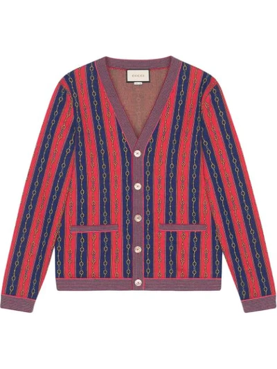 Gucci Horsebit Stripe Cotton Blend Cardigan In Red