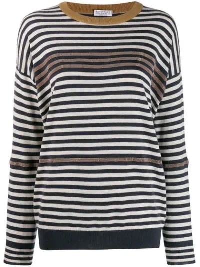 Brunello Cucinelli Embellished Striped Wool Cashmere And Silk Sweater In Blue