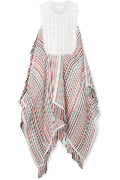 Jw Anderson Crocheted Lace And Poplin-trimmed Striped Cotton-blend Gauze Mini Dress In White