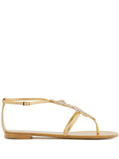 Giuseppe Zanotti Josie Flat Swarovski Crystal Metallic Leather Thong Sandals In Gold