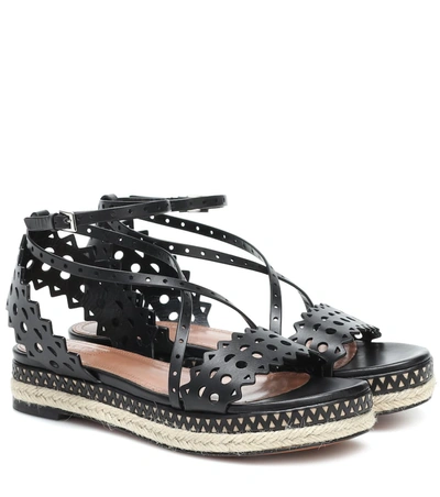 Alaïa Laser Cut Leather Platform Espadrille Sandals In Noir