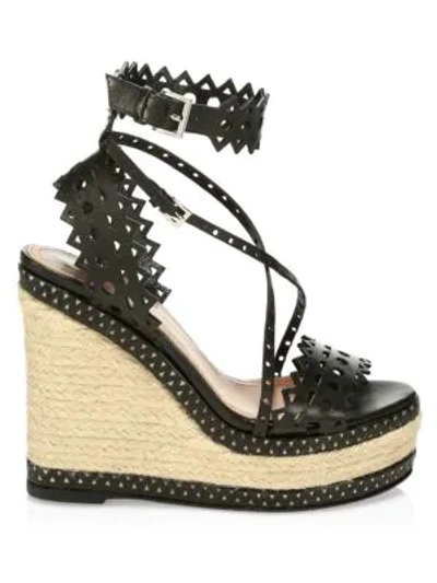 Alaïa Laser Cut Leather Platform Wedge Espadrille Sandals