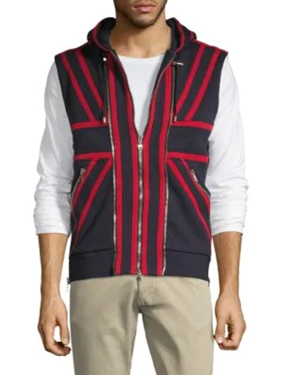 Balmain Stripe Cotton Hooded Vest In Red Navy