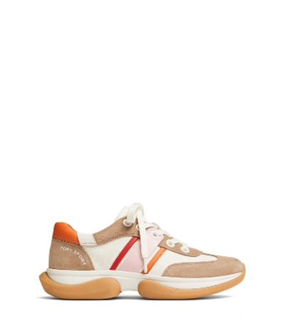 Tory Sport Striped Lace-up Suede Sneakers In Light Taupe / White / Multi